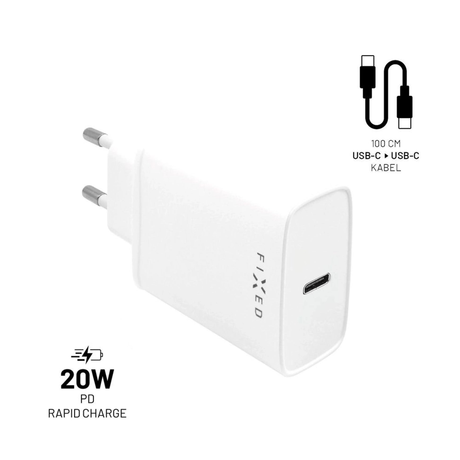 Set síťové nabíječky FIXED s USB-C výstupem a USB-C/USB-C kabelu, podpora PD, 1 metr, 20W, bílý - FIXED