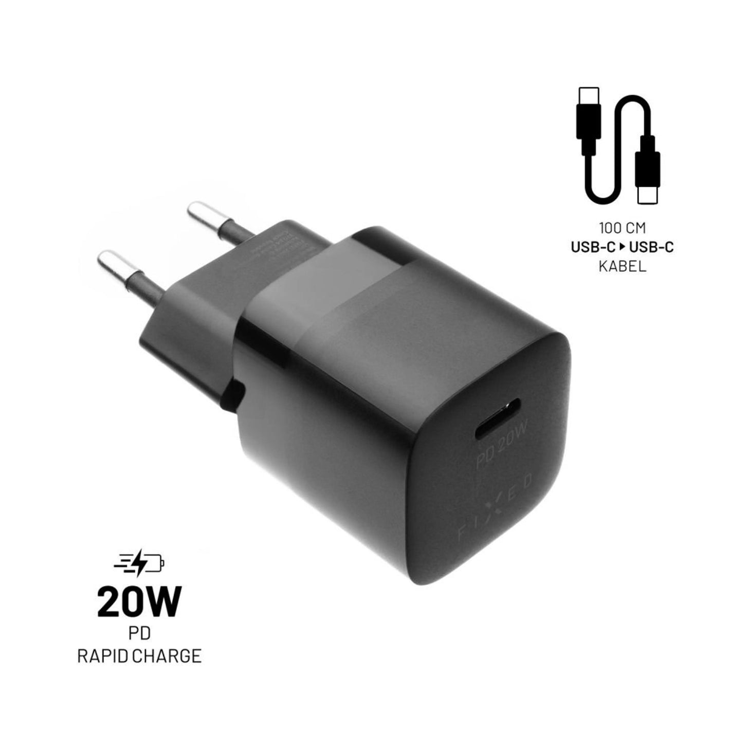 Set síťové nabíječky FIXED Mini s USB-C výstupem a USB-C/USB-C kabelu, podpora PD, 1 metr, 20W, černý - FIXED