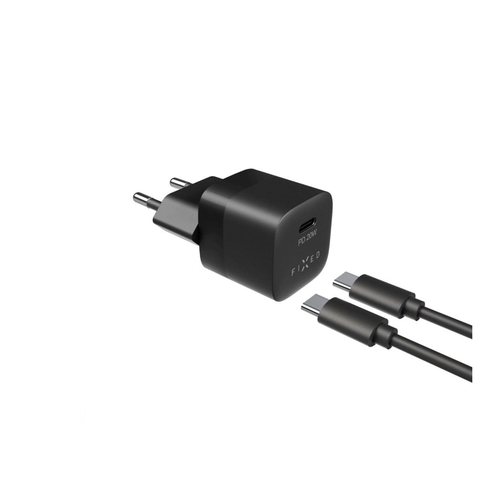 Set síťové nabíječky FIXED Mini s USB-C výstupem a USB-C/USB-C kabelu, podpora PD, 1 metr, 20W, černý - FIXED