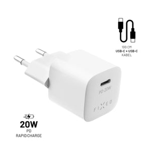 Set síťové nabíječky FIXED Mini s USB-C výstupem a USB-C/USB-C kabelu, podpora PD, 1 metr, 20W, bílý - FIXED