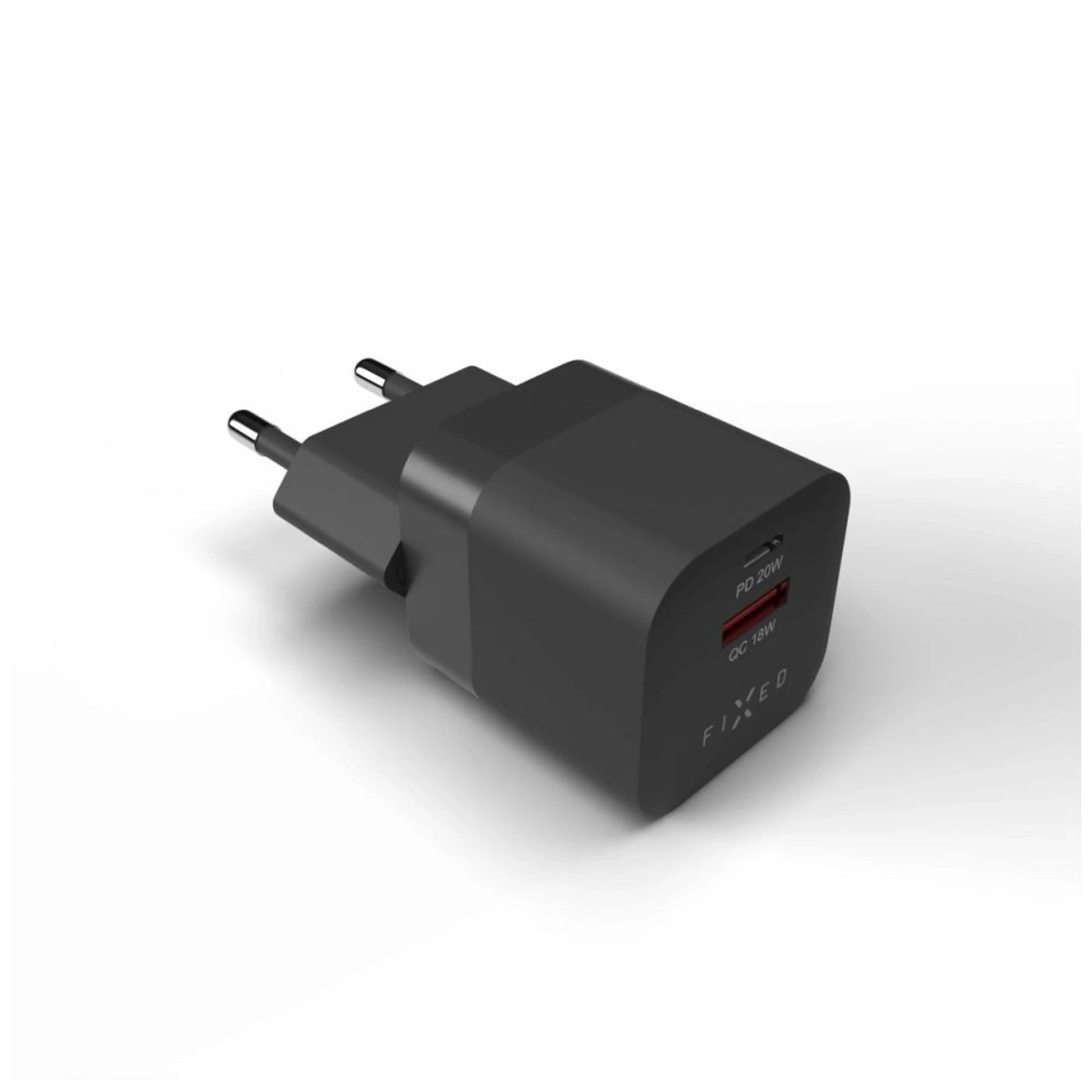 Síťová nabíječka FIXED Mini s USB-C a USB výstupem, podpora PD a QC 3.0, 20W, černá - FIXED