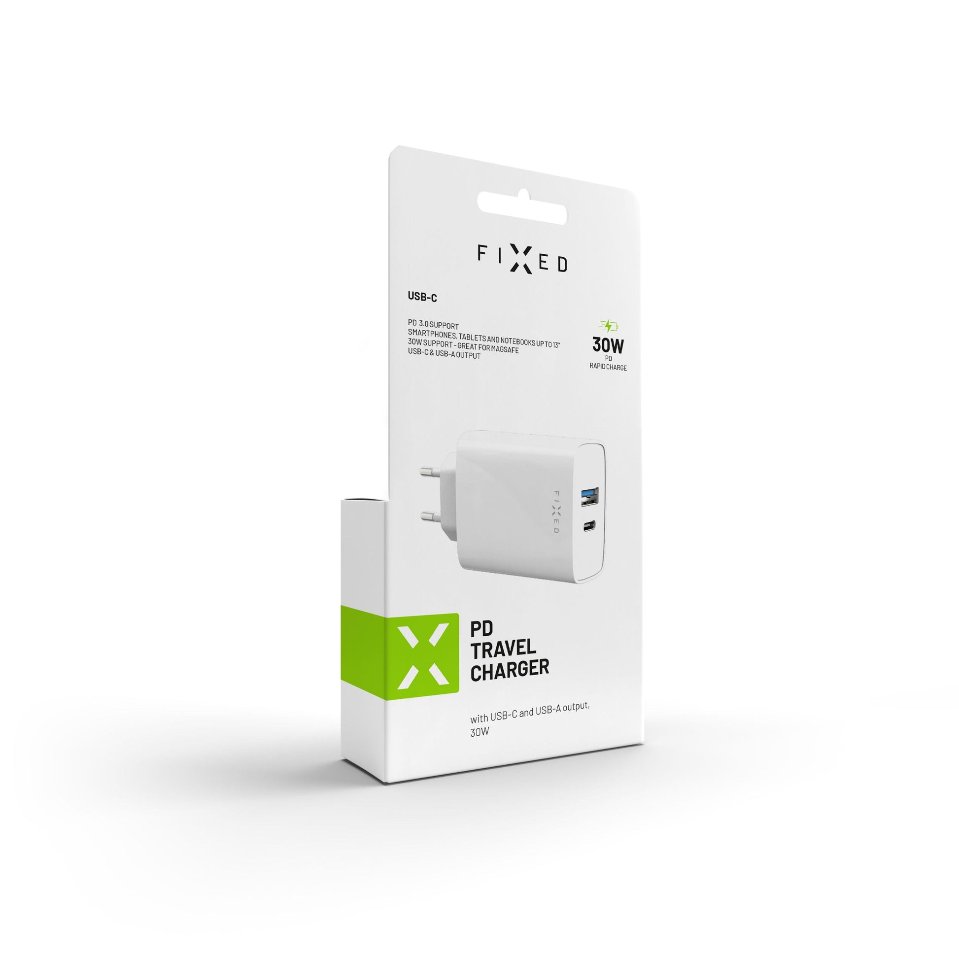 Síťová nabíječka FIXED s USB-C a USB výstupem, podpora PD, 30W, bílá - FIXED