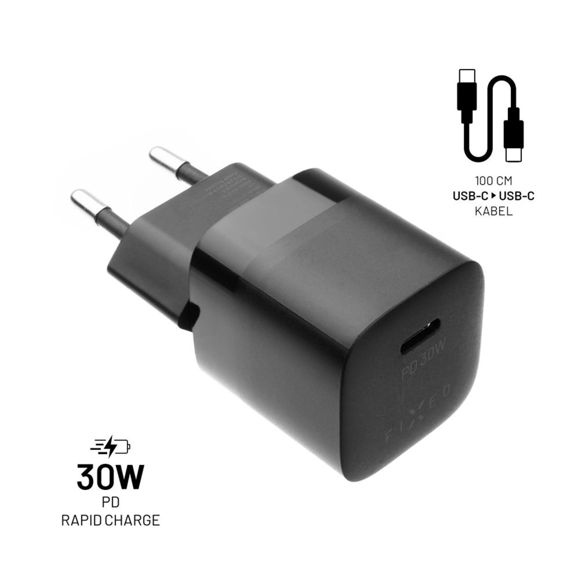 Set síťové nabíječky FIXED Mini s USB-C výstupem a USB-C/USB-C kabelu, podpora PD, 1 metr, 30W, černý - FIXED