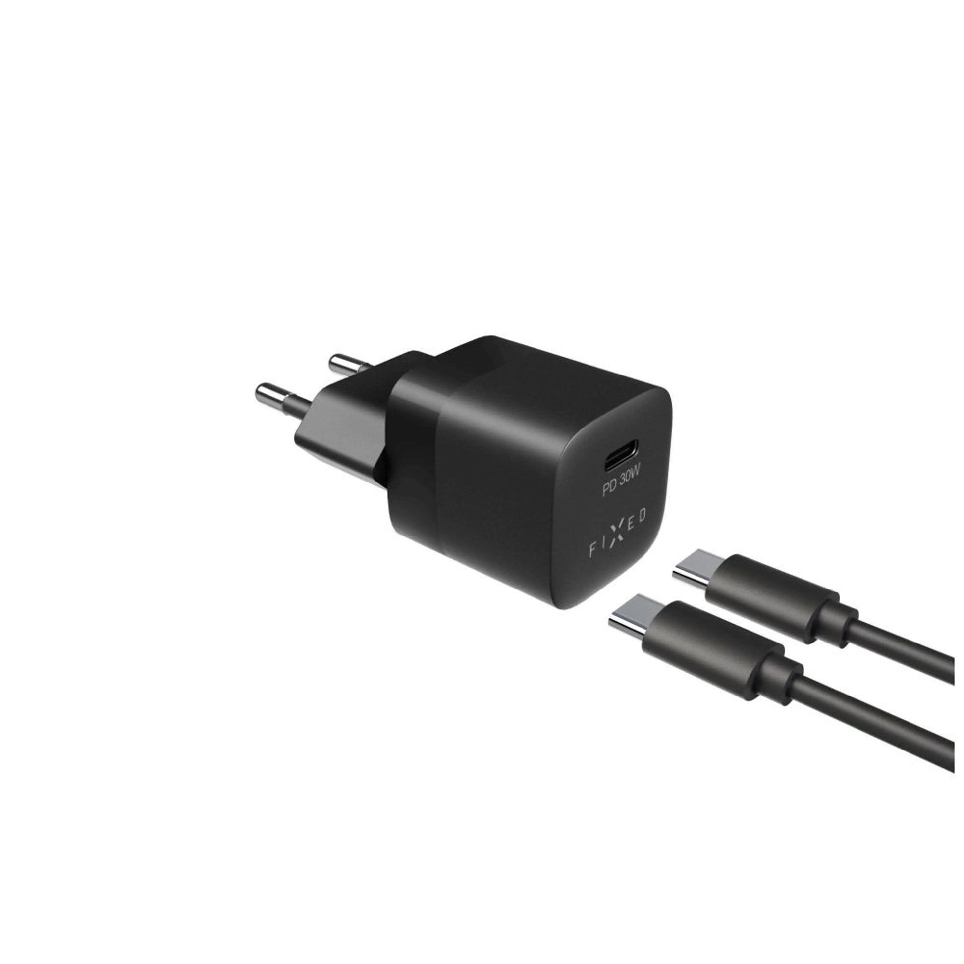 Set síťové nabíječky FIXED Mini s USB-C výstupem a USB-C/USB-C kabelu, podpora PD, 1 metr, 30W, černý - FIXED