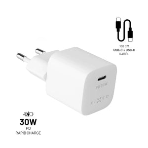 Set síťové nabíječky FIXED Mini s USB-C výstupem a USB-C/USB-C kabelu, podpora PD, 1 metr, 30W, bílý - FIXED