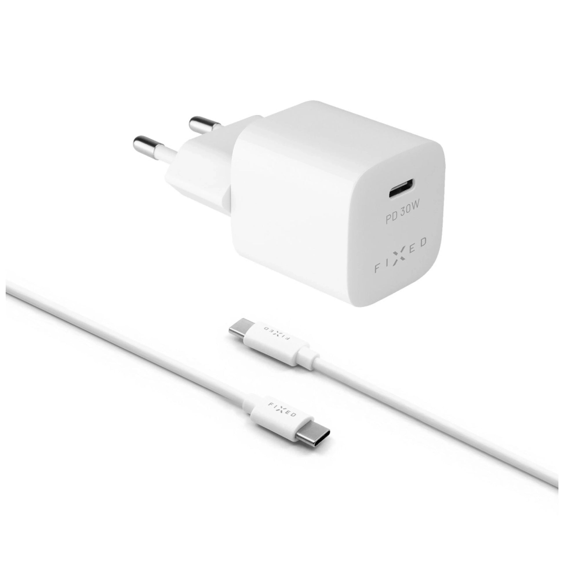 Set síťové nabíječky FIXED Mini s USB-C výstupem a USB-C/USB-C kabelu, podpora PD, 1 metr, 30W, bílý - FIXED