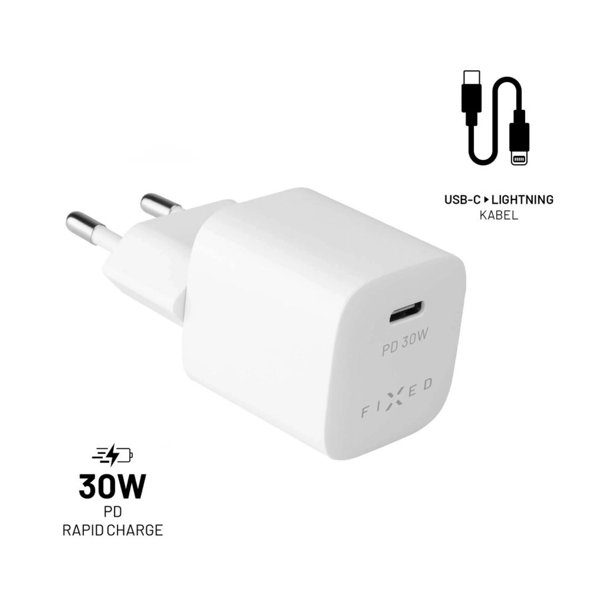 Set síťové nabíječky FIXED Mini s USB-C výstupem a USB-C/Lightning kabelu, podpora PD, 1.2 metr, MFI, 30W, bílý - FIXED
