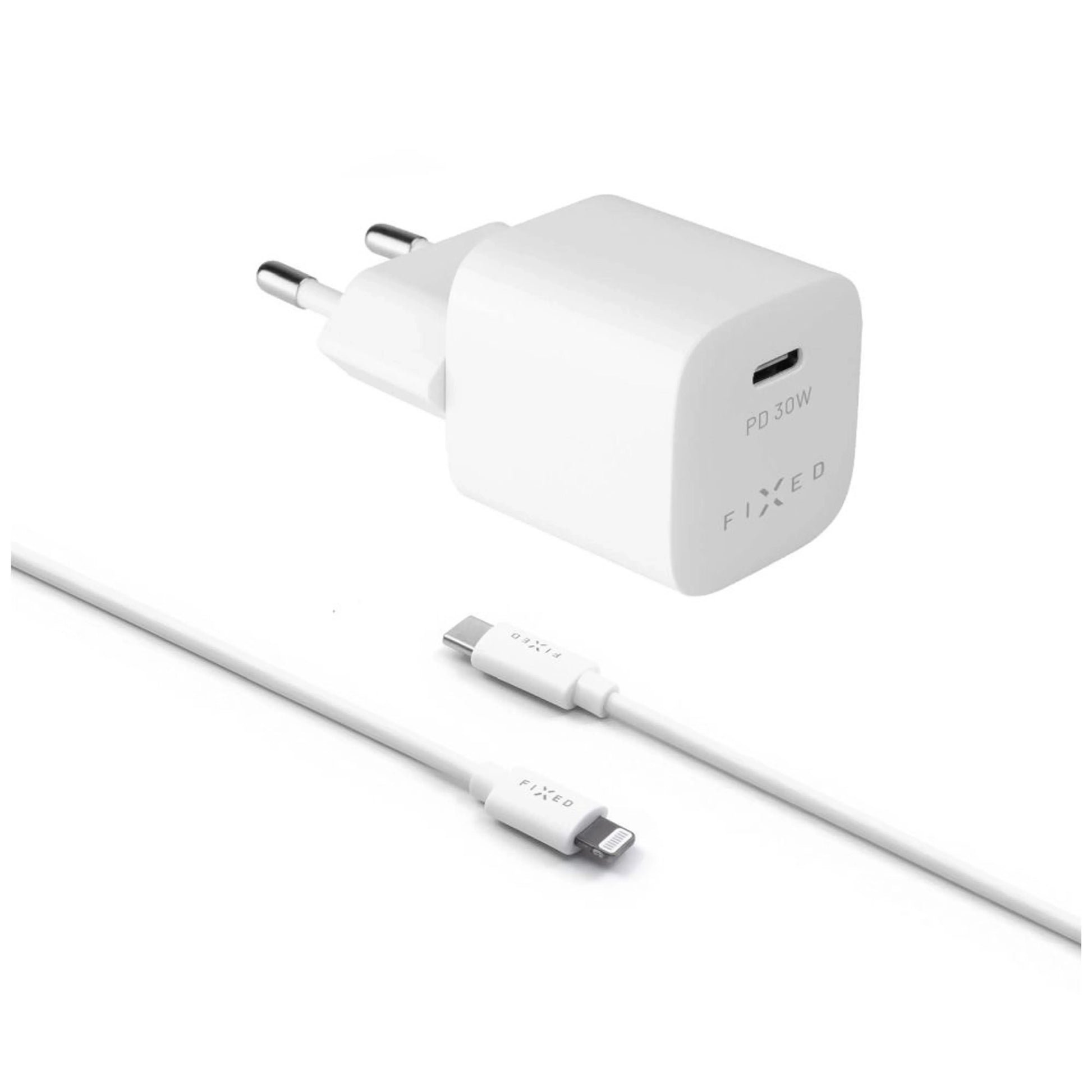 Set síťové nabíječky FIXED Mini s USB-C výstupem a USB-C/Lightning kabelu, podpora PD, 1.2 metr, MFI, 30W, bílý - FIXED