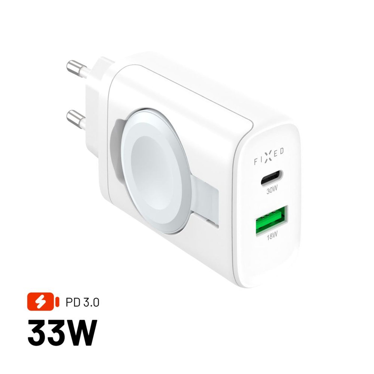 Síťová nabíječka FIXED Power Socket s USB-A a USB-C výstupem a vyklápěcí nabíječkou pro Apple Watch, 33W, bílá - FIXED