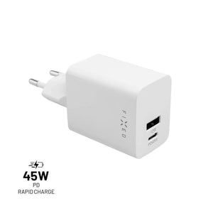 Síťová nabíječka FIXED Mini s USB-C a USB výstupem, podpora PD, 45W, bílá - FIXED