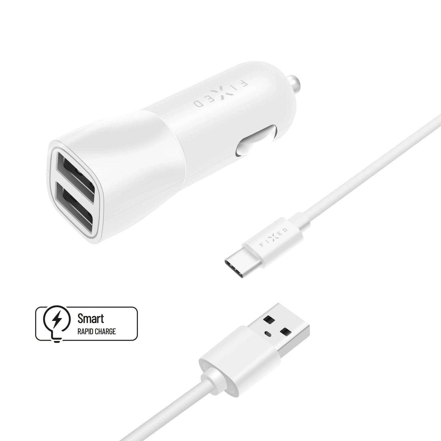 Set autonabíječky FIXED s 2xUSB výstupem a USB/USB-C kabelu, 1 metr, 15W Smart Rapid Charge, bílá - FIXED