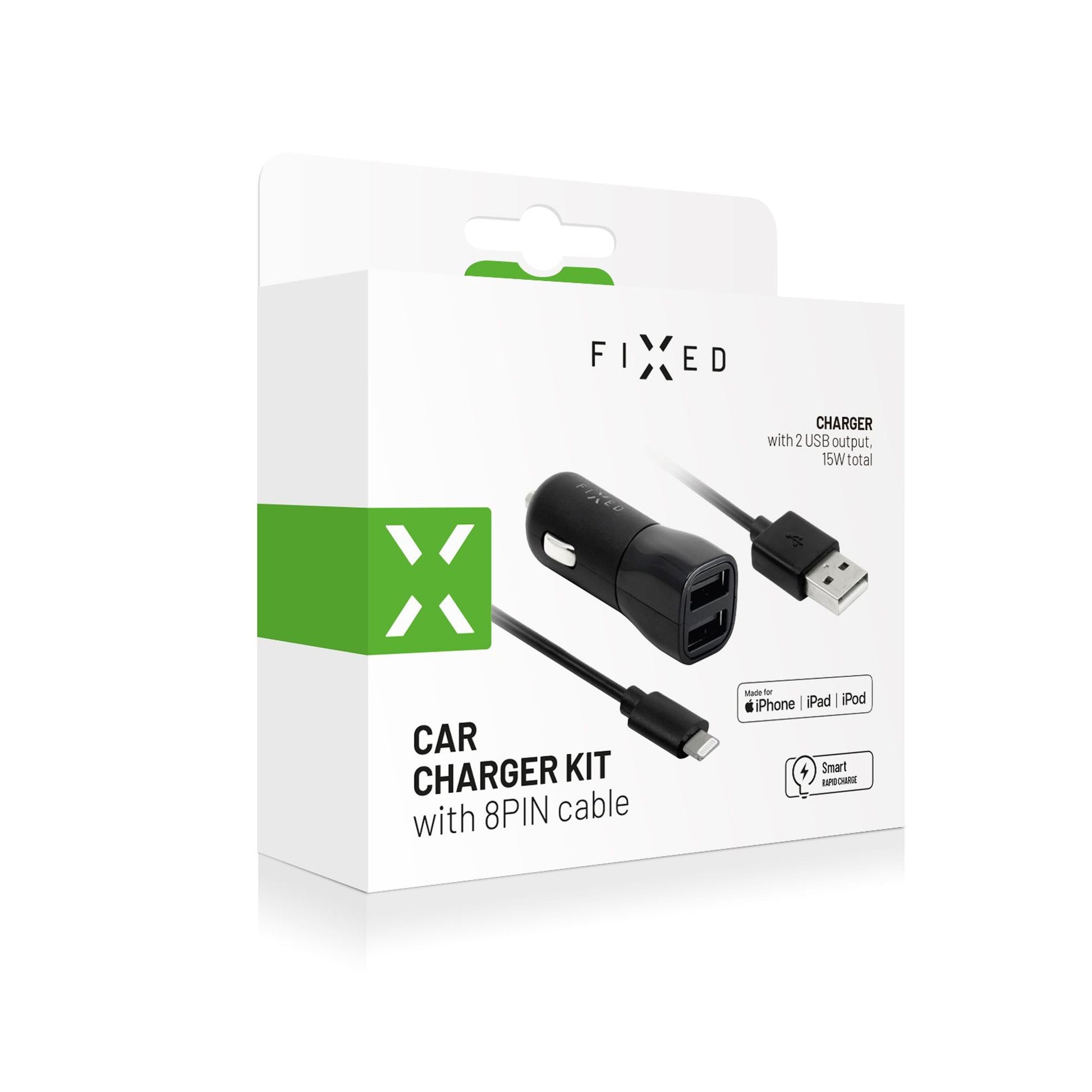 Set autonabíječky FIXED s 2xUSB výstupem a USB/Lightning kabelu, 1 metr, MFI certifikace, 15W Smart Rapid Charge, černá - FIXED