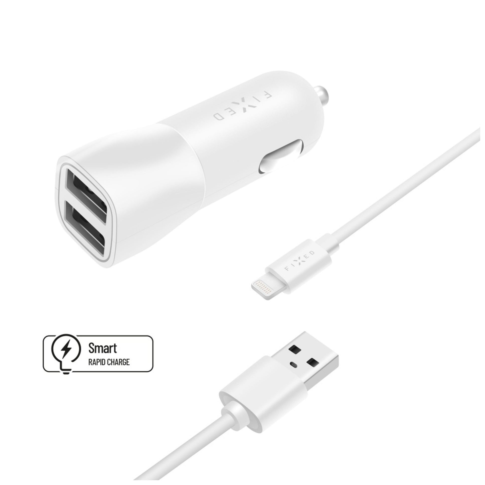 Set autonabíječky FIXED s 2xUSB výstupem a USB/Lightning kabelu, 1 metr, MFI certifikace, 15W Smart Rapid Charge, bílá - FIXED