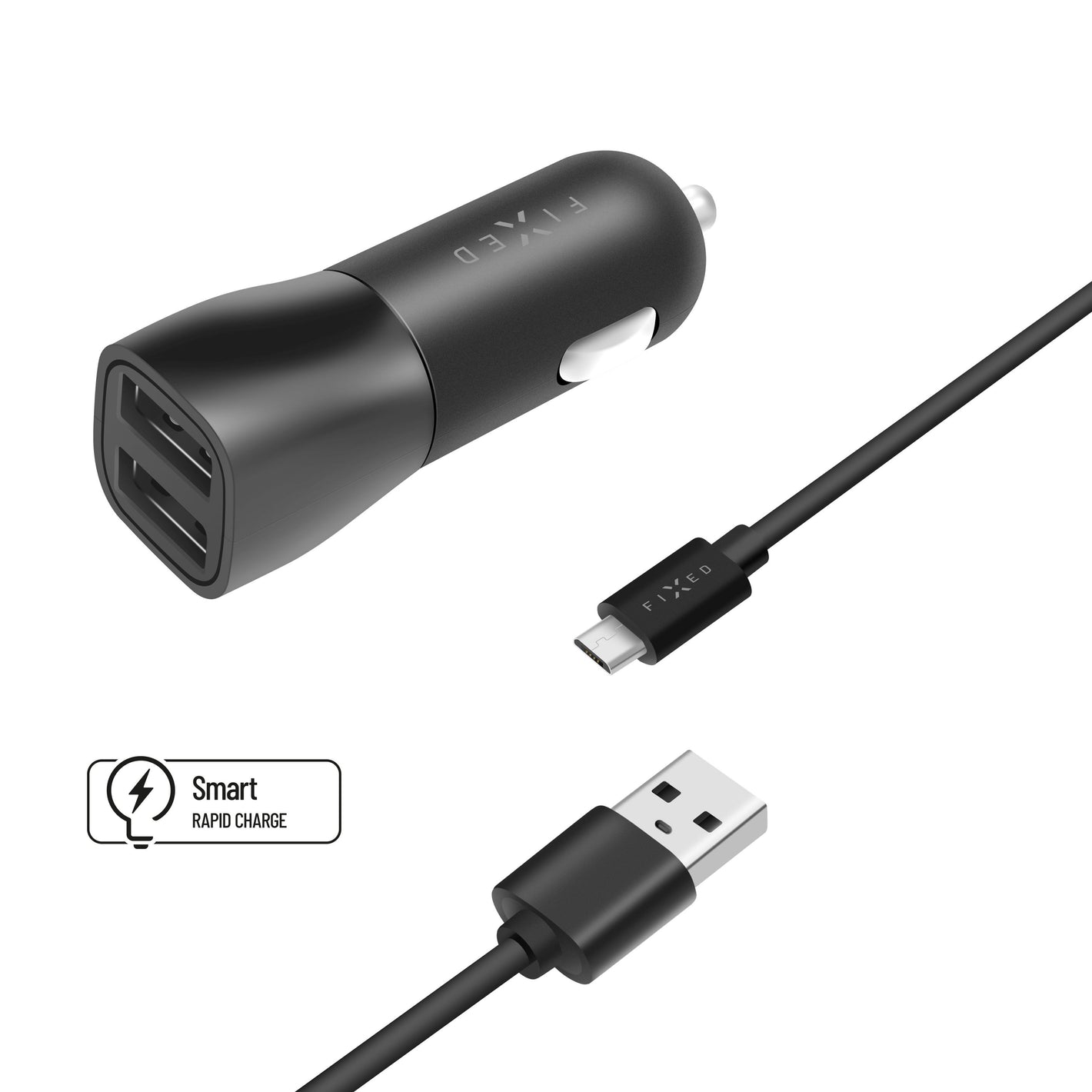 Set autonabíječky FIXED s 2xUSB výstupem a USB/micro USB kabelu, 1 metr, 15W Smart Rapid Charge, černá - FIXED