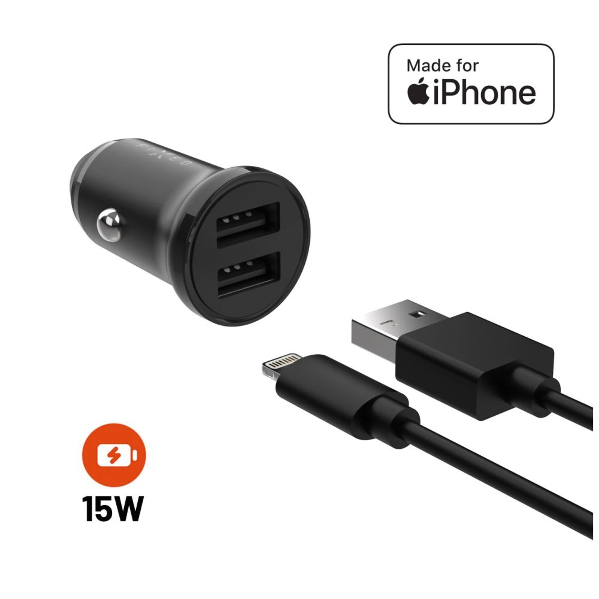 Set autonabíječky FIXED s 2xUSB výstupem a USB/Lightning kabelu, 1 metr, MFi certifikace, 15W Smart Rapid Charge, černá - FIXED
