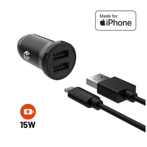 Set autonabíječky FIXED s 2xUSB výstupem a USB/Lightning kabelu, 1 metr, MFi certifikace, 15W Smart Rapid Charge, černá - FIXED
