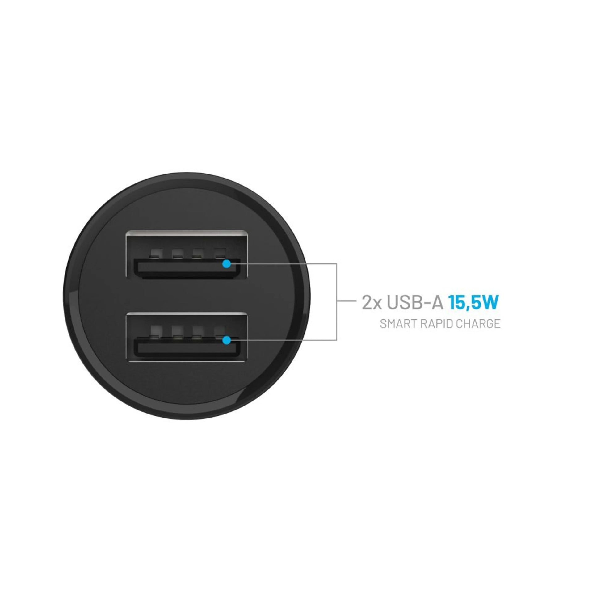 Set autonabíječky FIXED s 2xUSB výstupem a USB/Lightning kabelu, 1 metr, MFi certifikace, 15W Smart Rapid Charge, černá - FIXED