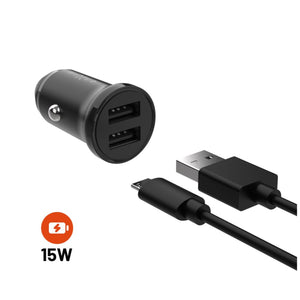 Set autonabíječky FIXED s 2xUSB výstupem a USB/micro USB kabelu, 1 metr, 15W Smart Rapid Charge, černá - FIXED