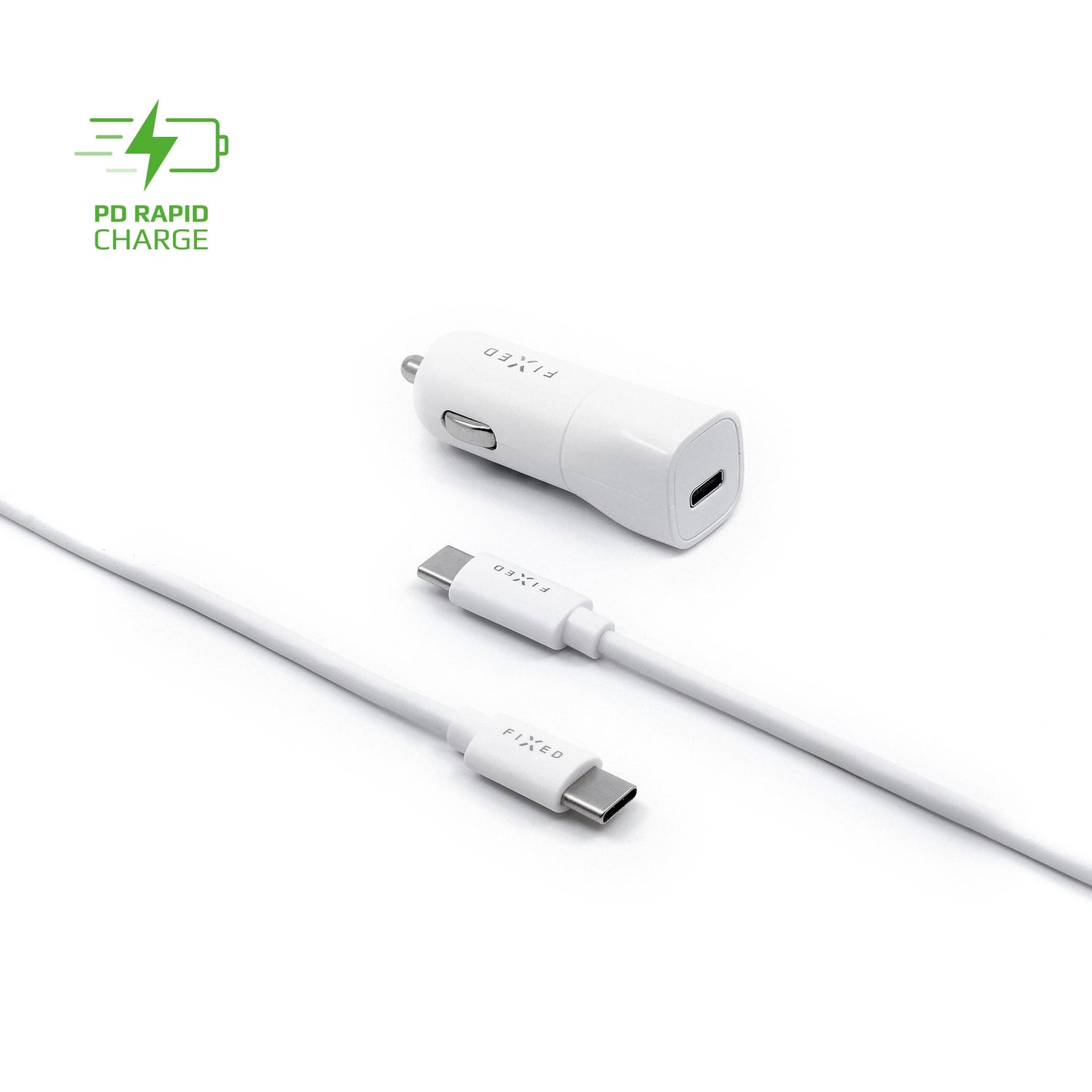 Set autonabíječky FIXED s USB-C výstupem a USB-C/USB-C kabelu, podpora PD, 1 metr, 18W, bílý - FIXED