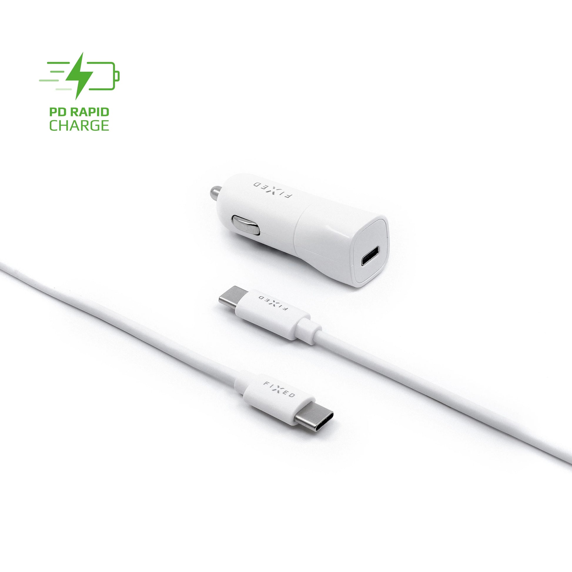 Set autonabíječky FIXED s USB-C výstupem a USB-C/USB-C kabelu, podpora PD, 1 metr, 18W, bílý - FIXED