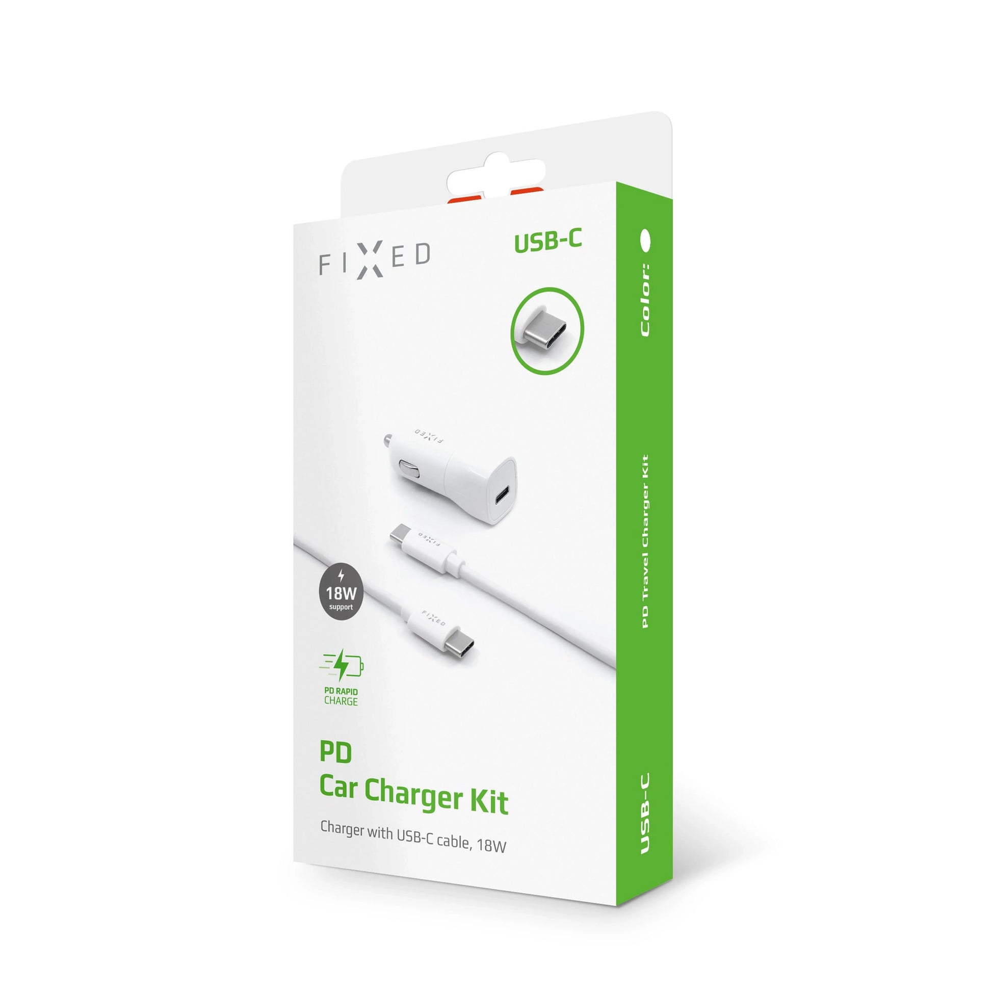 Set autonabíječky FIXED s USB-C výstupem a USB-C/USB-C kabelu, podpora PD, 1 metr, 18W, bílý - FIXED