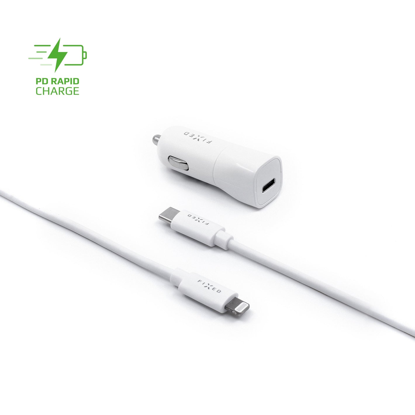 Set autonabíječky FIXED s USB-C výstupem a USB-C/Lightning kabelu, podpora PD, 1 metr, MFI, 18W, bílý - FIXED