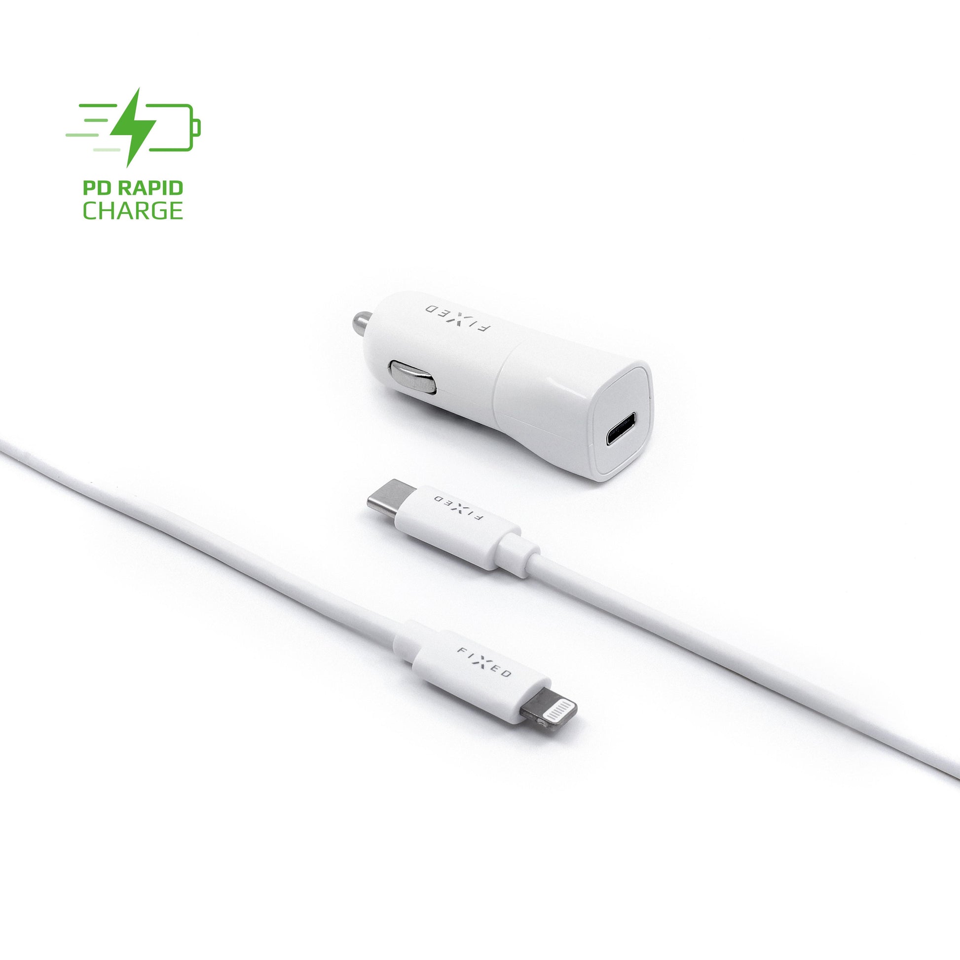Set autonabíječky FIXED s USB-C výstupem a USB-C/Lightning kabelu, podpora PD, 1 metr, MFI, 18W, bílý - FIXED