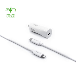 Set autonabíječky FIXED s USB-C výstupem a USB-C/Lightning kabelu, podpora PD, 1 metr, MFI, 18W, bílý - FIXED
