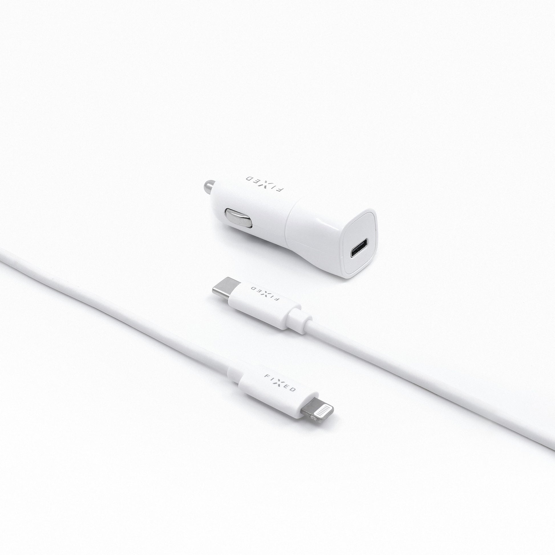 Set autonabíječky FIXED s USB-C výstupem a USB-C/Lightning kabelu, podpora PD, 1 metr, MFI, 18W, bílý - FIXED