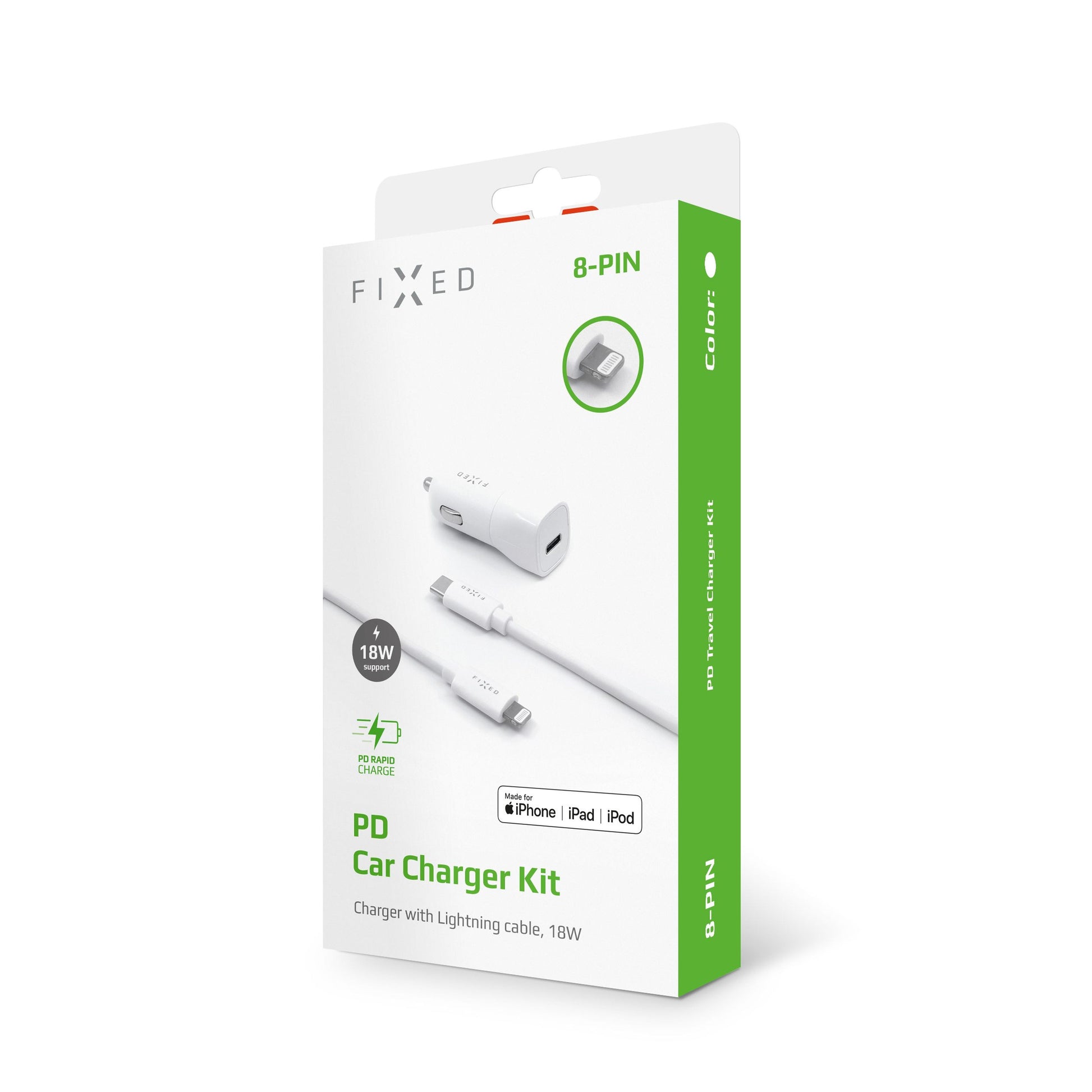 Set autonabíječky FIXED s USB-C výstupem a USB-C/Lightning kabelu, podpora PD, 1 metr, MFI, 18W, bílý - FIXED