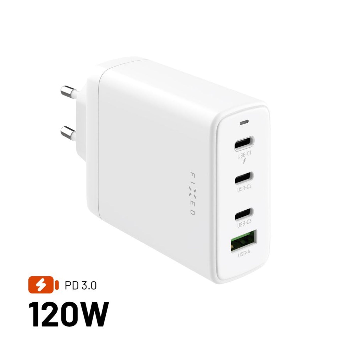 Síťová GaN nabíječka FIXED s 3xUSB-C a USB výstupem, podpora PD 3.0, 120W, bílá - FIXED