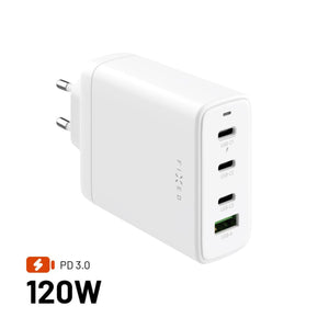 Síťová GaN nabíječka FIXED s 3xUSB-C a USB výstupem, podpora PD 3.0, 120W, bílá - FIXED