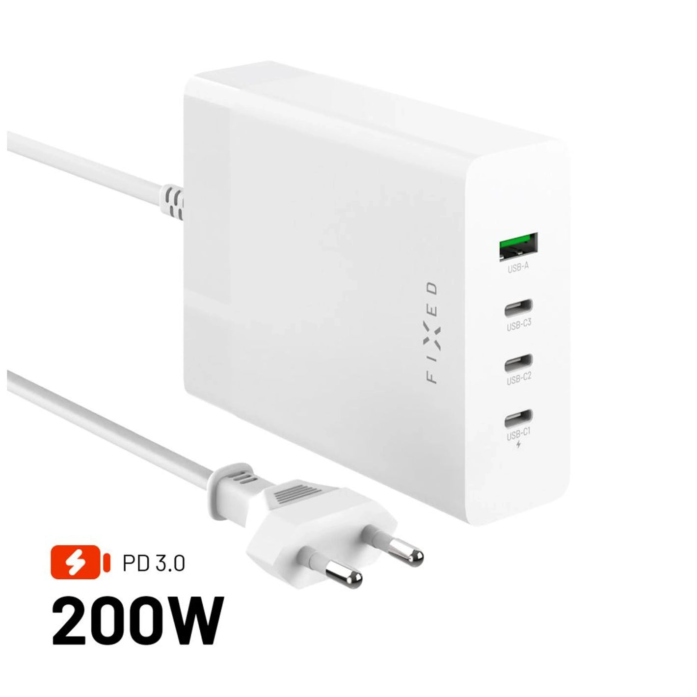 Síťová GaN nabíječka FIXED Charging Station s 3xUSB-C a USB výstupem, podpora PD 3.0, 200W, bílá - FIXED