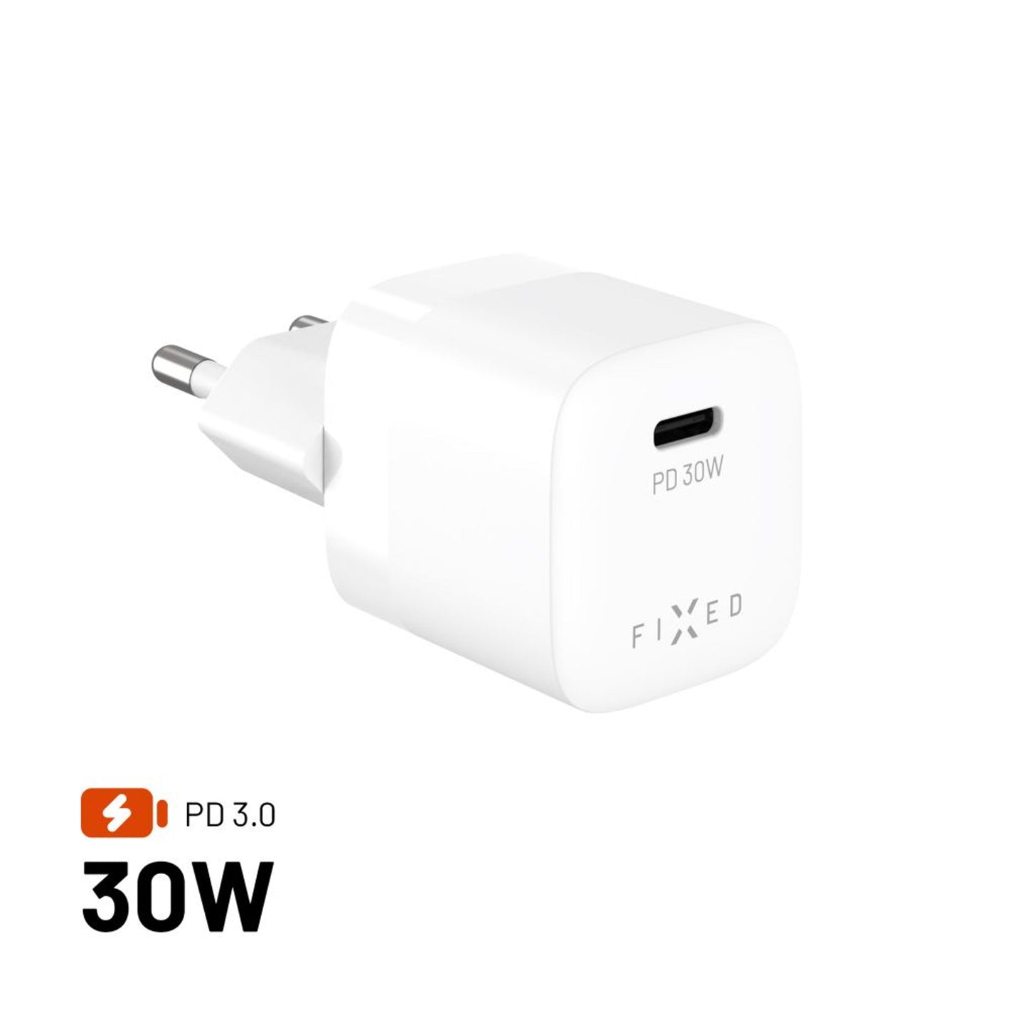 Síťová GaN nabíječka FIXED Mini s USB-C výstupem a podporou PD, 30W, bílá - FIXED