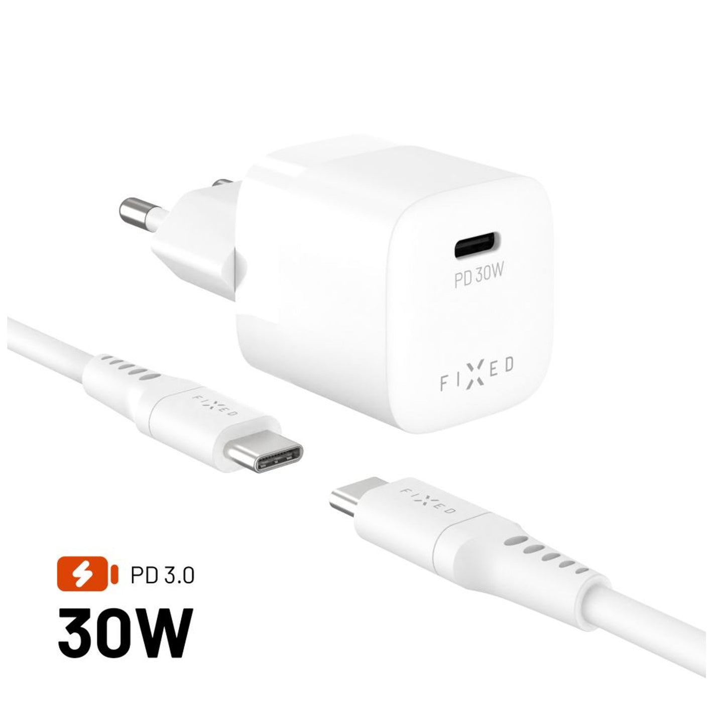 Set síťové GaN nabíječky FIXED Mini s USB-C výstupem a USB-C/USB-C kabelu, podpora PD, 1,2 metr, 30W, bílý - FIXED