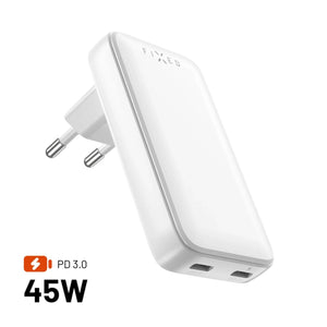 Síťová GaN nabíječka FIXED Slim s 2x USB-C výstupem a podporou PD, 45W, bílá - FIXED