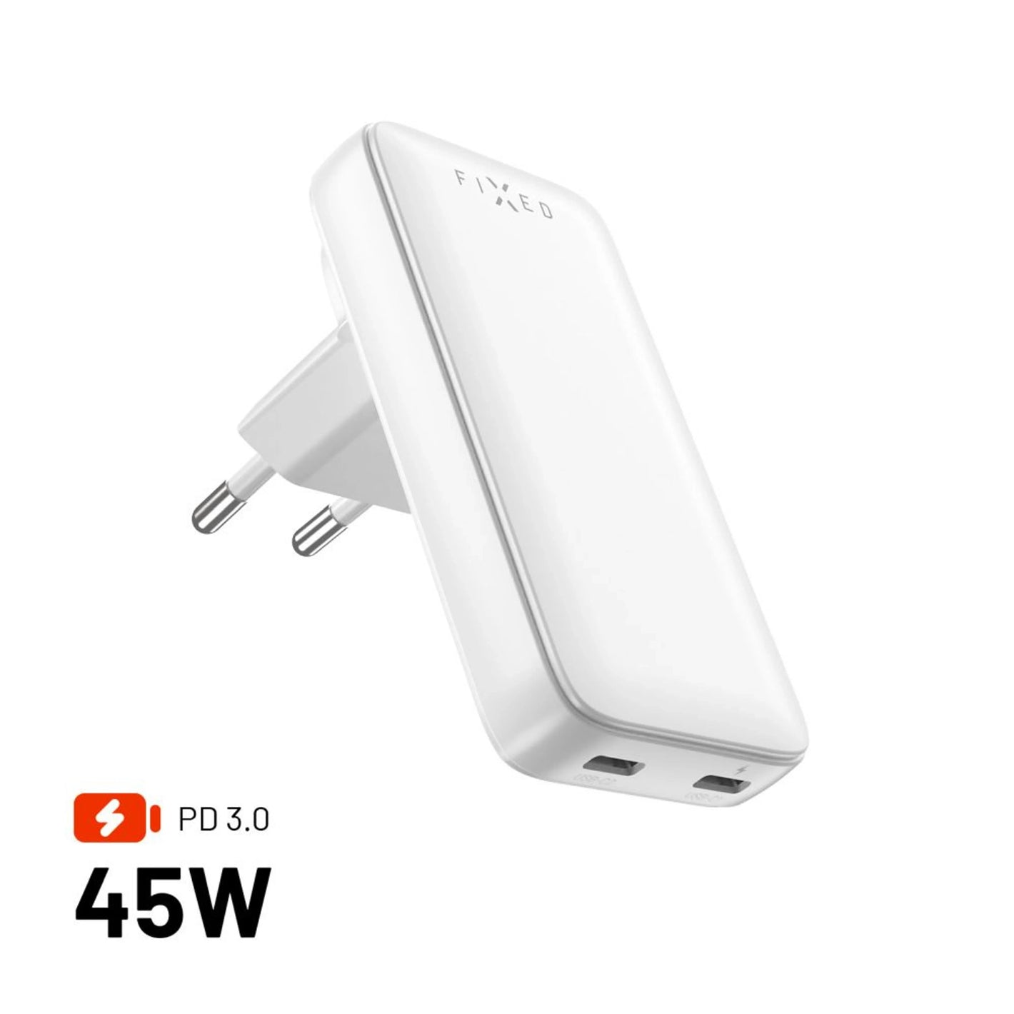 Síťová GaN nabíječka FIXED Slim Traveller s 2x USB-C výstupem s vyměnitelnými adaptéry, 45W, bílá - FIXED