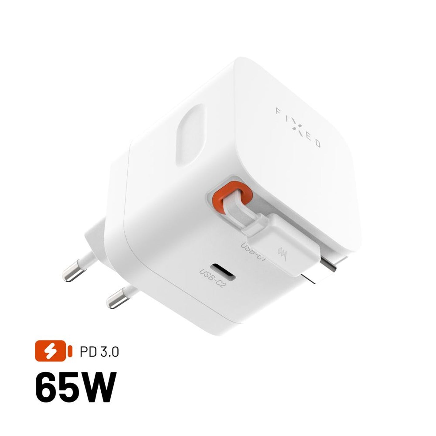 Síťová GaN nabíječka FIXED s 2xUSB-C, podpora PD 3.0, se samonavíjecím kabelem, 65W, bílá - FIXED
