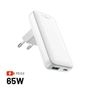 Síťová GaN nabíječka FIXED Slim Traveller s USB-C a USB výstupem s vyměnitelnými adaptéry, 65W, bílá - FIXED