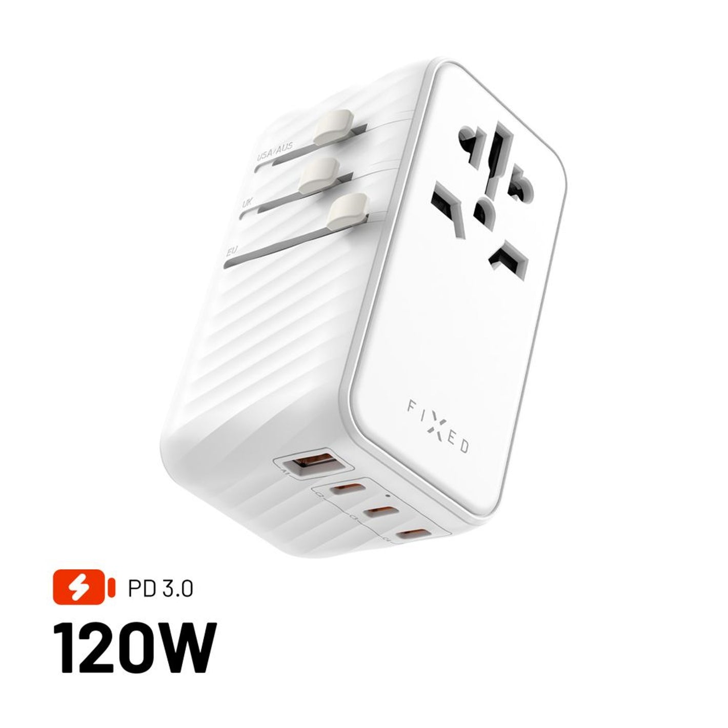 Cestovní adaptér FIXED Voyager 120W pro EU, UK a USA/AUS, s 3xUSB-C a 1xUSB výstupem, GaN, PD 120W, bílý - FIXED