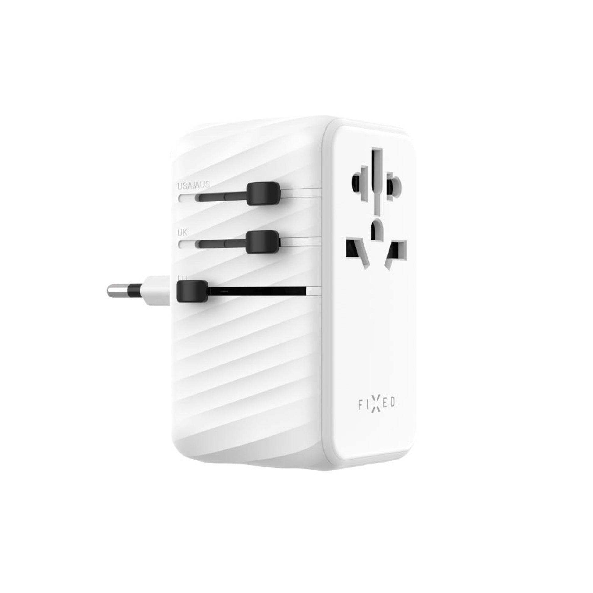 Cestovní adaptér FIXED Voyager 120W pro EU, UK a USA/AUS, s 3xUSB-C a 1xUSB výstupem, GaN, PD 120W, bílý - FIXED
