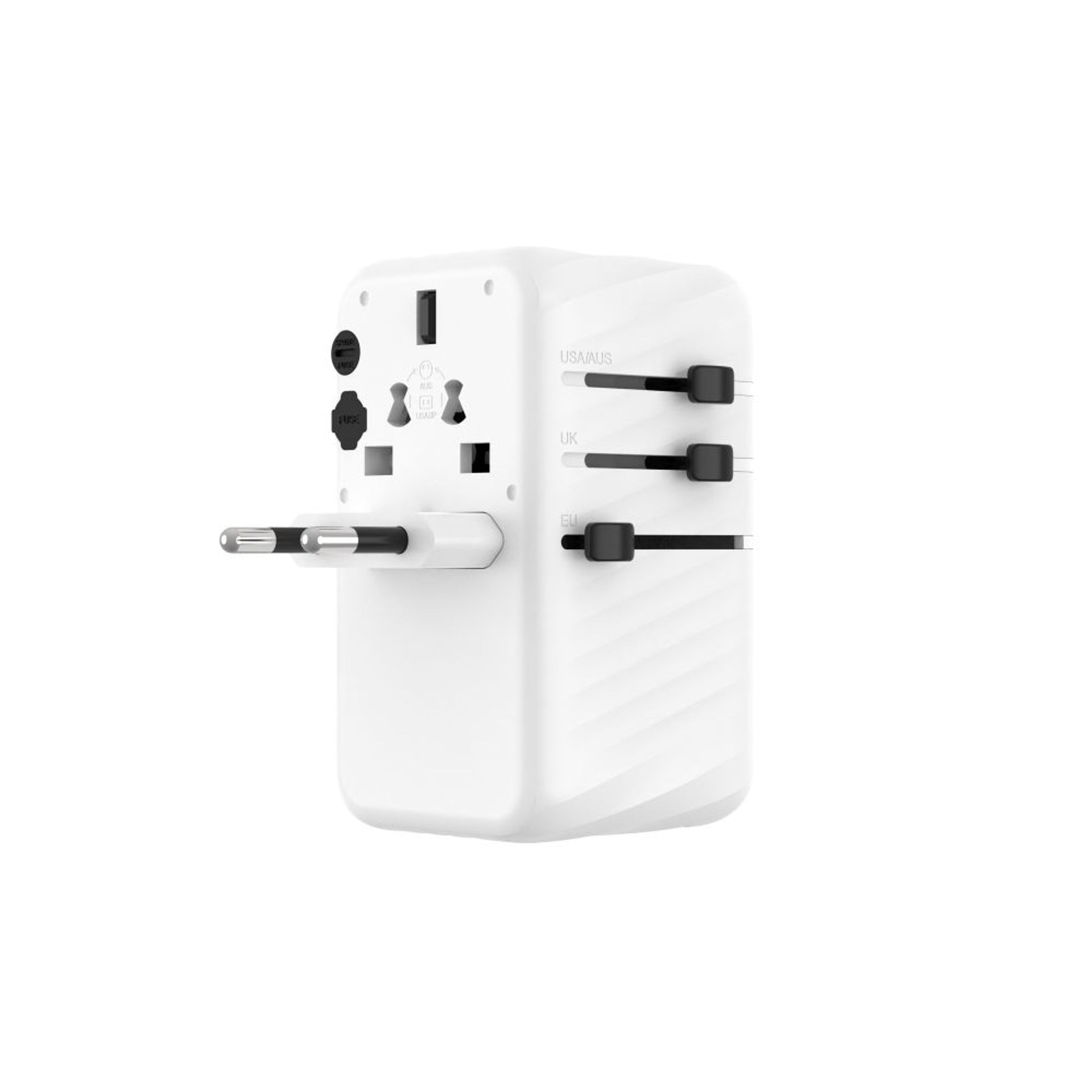 Cestovní adaptér FIXED Voyager 120W pro EU, UK a USA/AUS, s 3xUSB-C a 1xUSB výstupem, GaN, PD 120W, bílý - FIXED