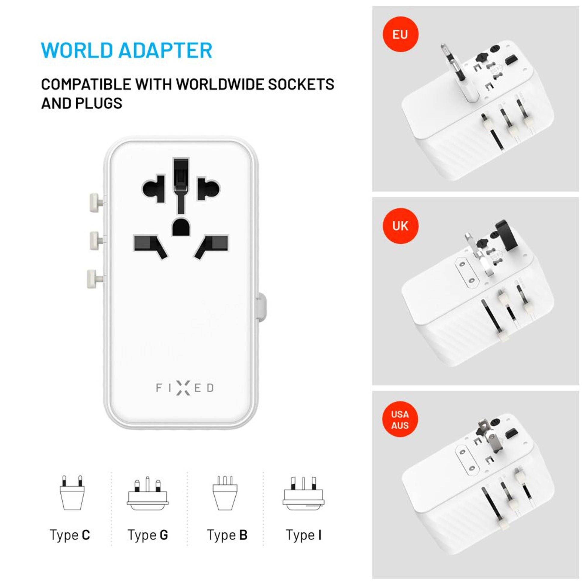 Cestovní adaptér FIXED Voyager 120W pro EU, UK a USA/AUS, s 3xUSB-C a 1xUSB výstupem, GaN, PD 120W, bílý - FIXED