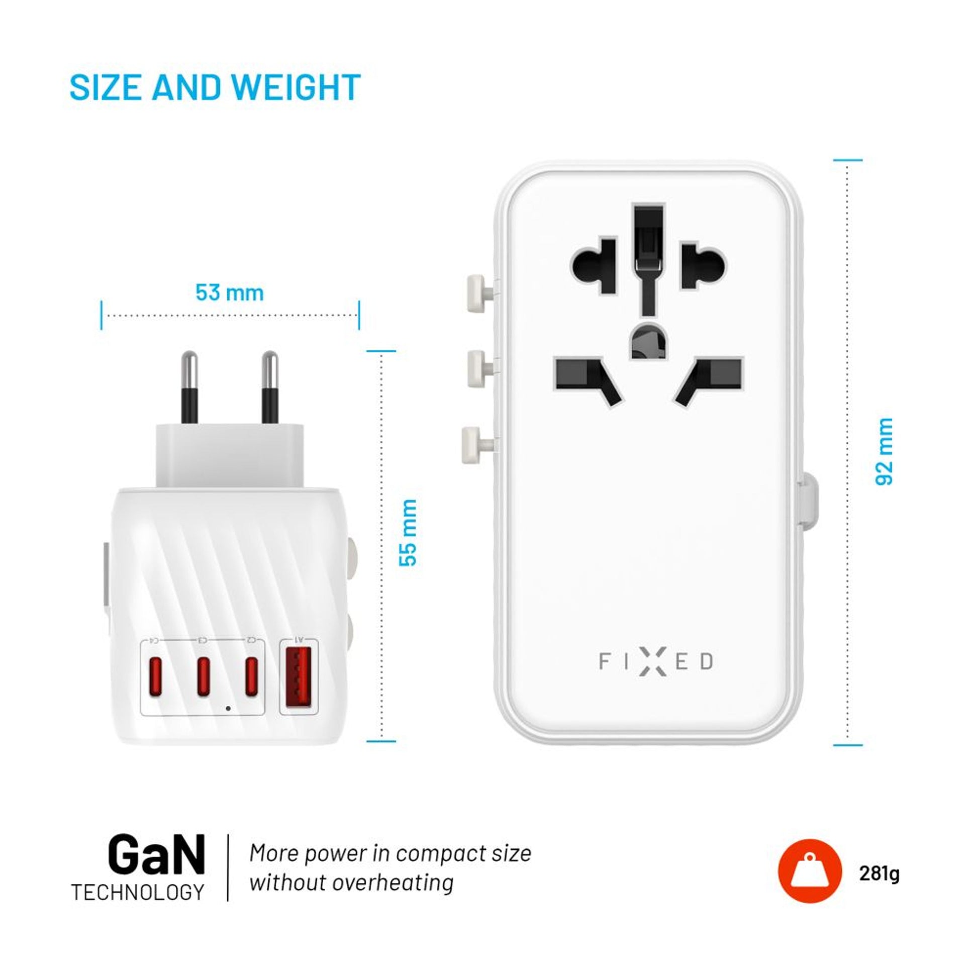 Cestovní adaptér FIXED Voyager 120W pro EU, UK a USA/AUS, s 3xUSB-C a 1xUSB výstupem, GaN, PD 120W, bílý - FIXED