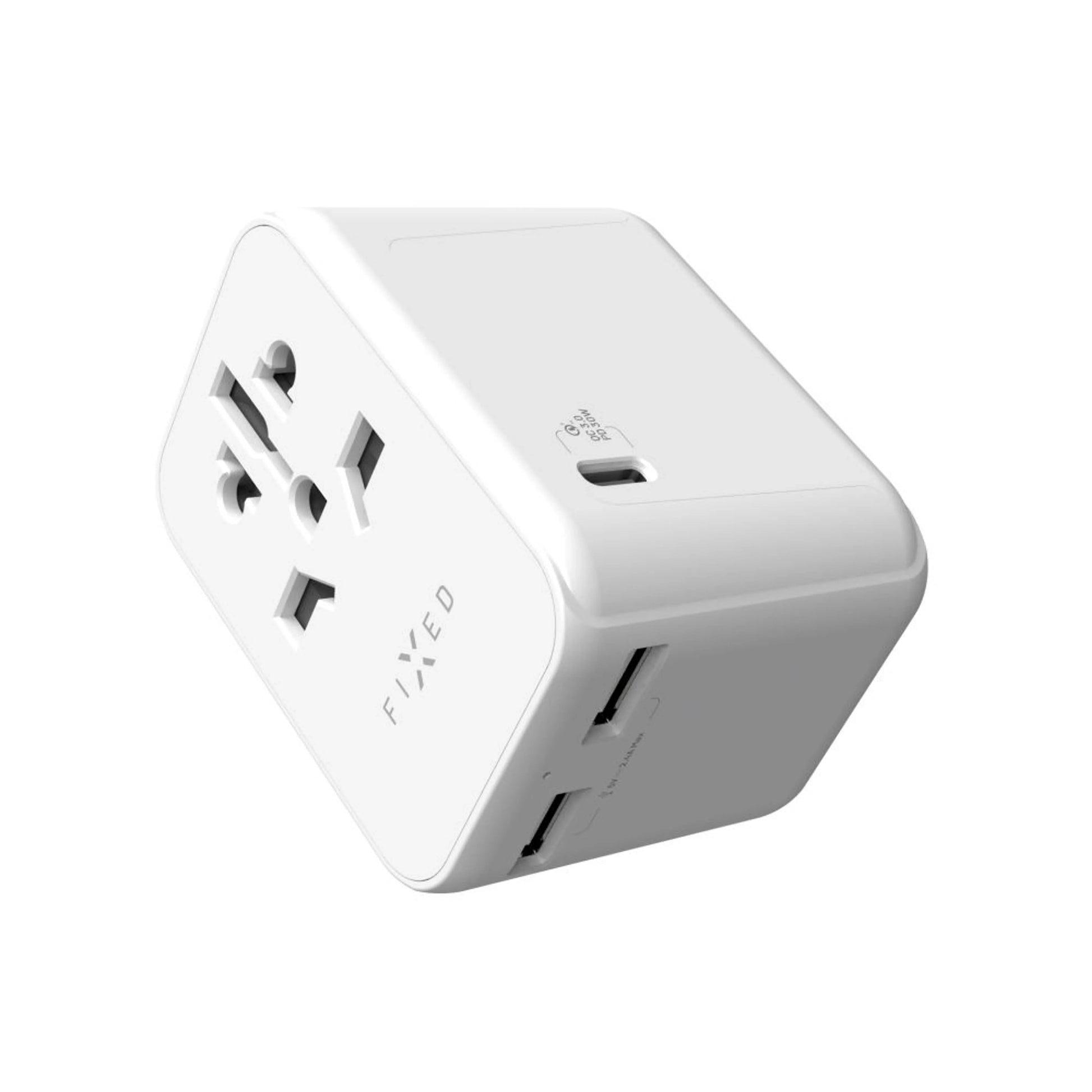 Cestovní adaptér FIXED Voyager 30 W pro EU, UK a USA/AUS, s 1xUSB-C a 2xUSB výstupem, GaN, PD 30W, bílý - FIXED