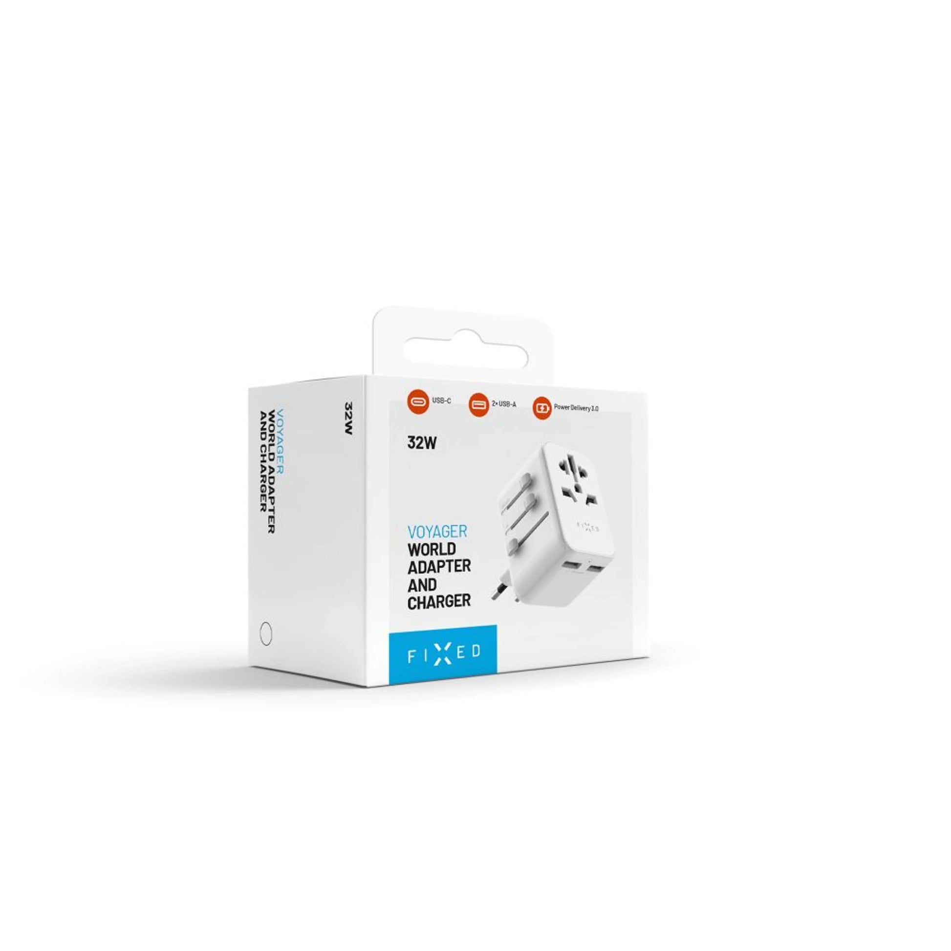 Cestovní adaptér FIXED Voyager 30 W pro EU, UK a USA/AUS, s 1xUSB-C a 2xUSB výstupem, GaN, PD 30W, bílý - FIXED