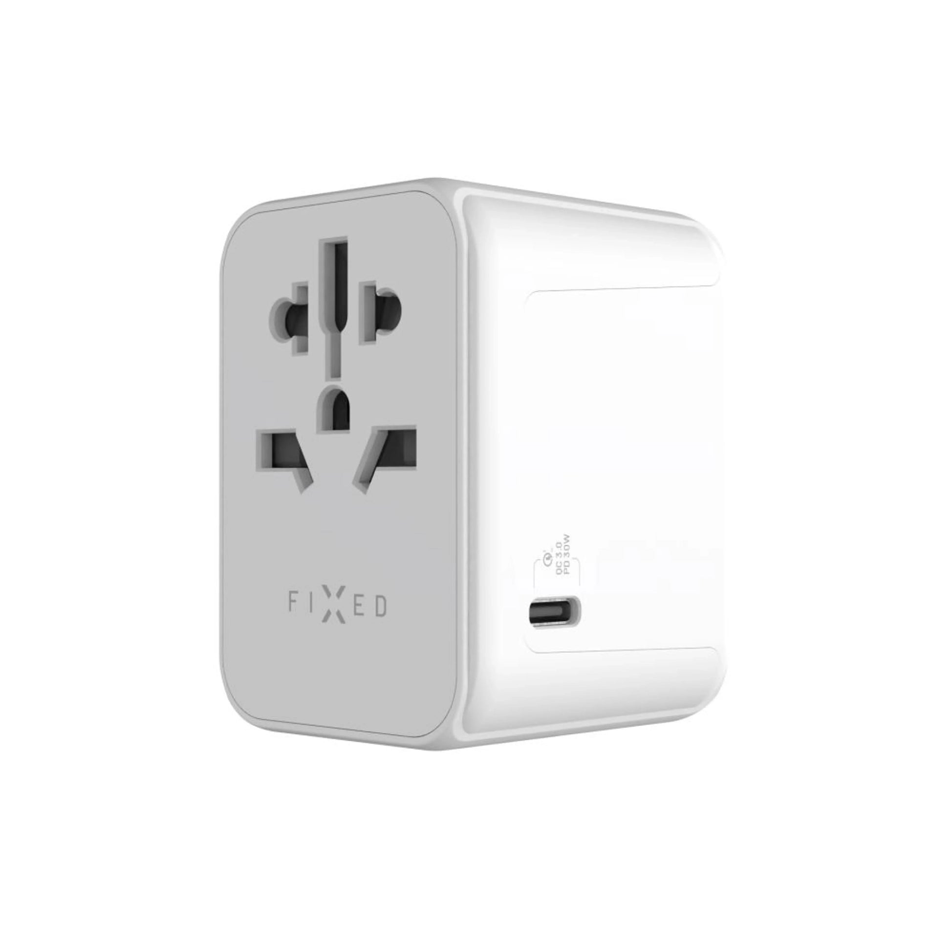Cestovní adaptér FIXED Voyager 30 W pro EU, UK a USA/AUS, s 1xUSB-C a 2xUSB výstupem, GaN, PD 30W, bílý - FIXED