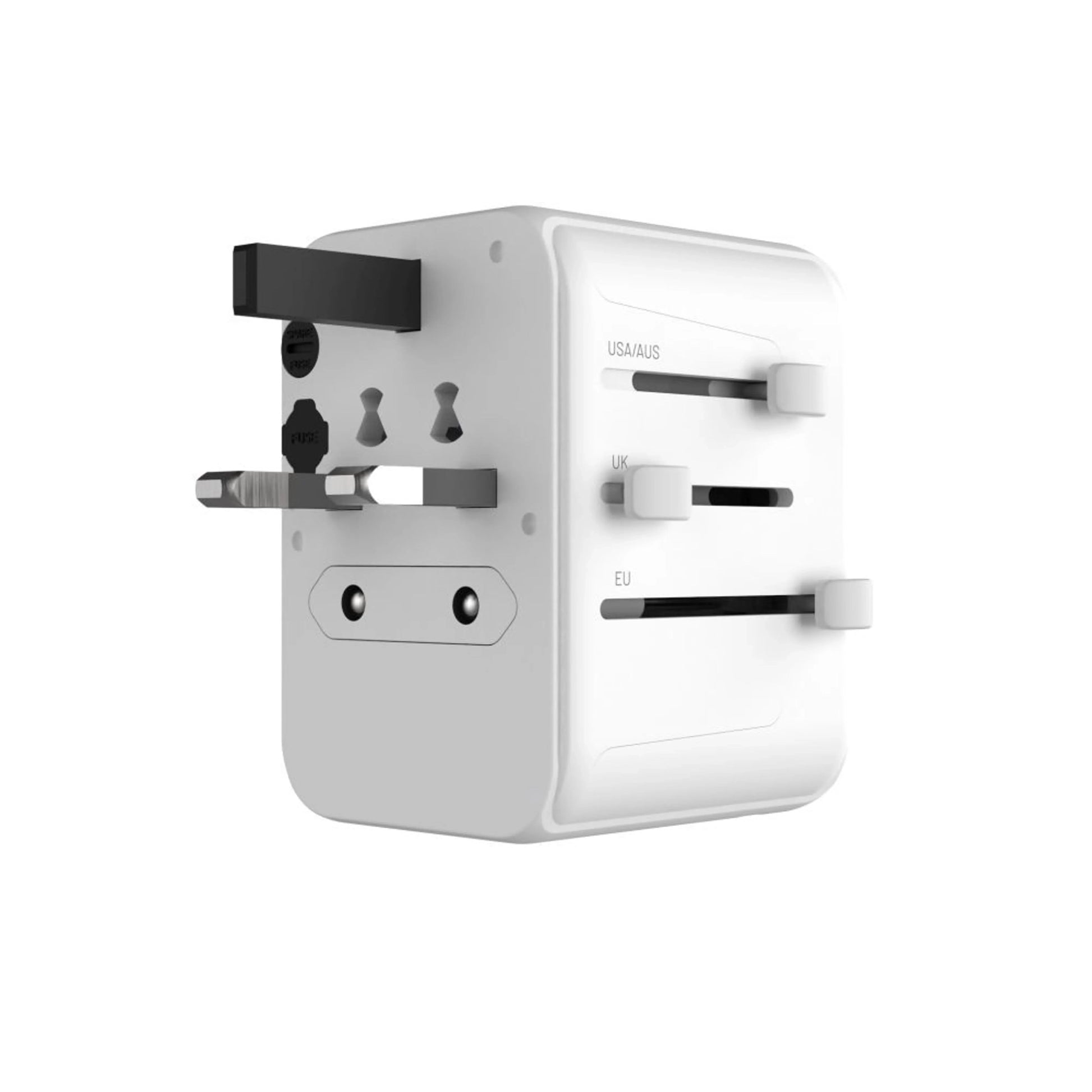 Cestovní adaptér FIXED Voyager 30 W pro EU, UK a USA/AUS, s 1xUSB-C a 2xUSB výstupem, GaN, PD 30W, bílý - FIXED