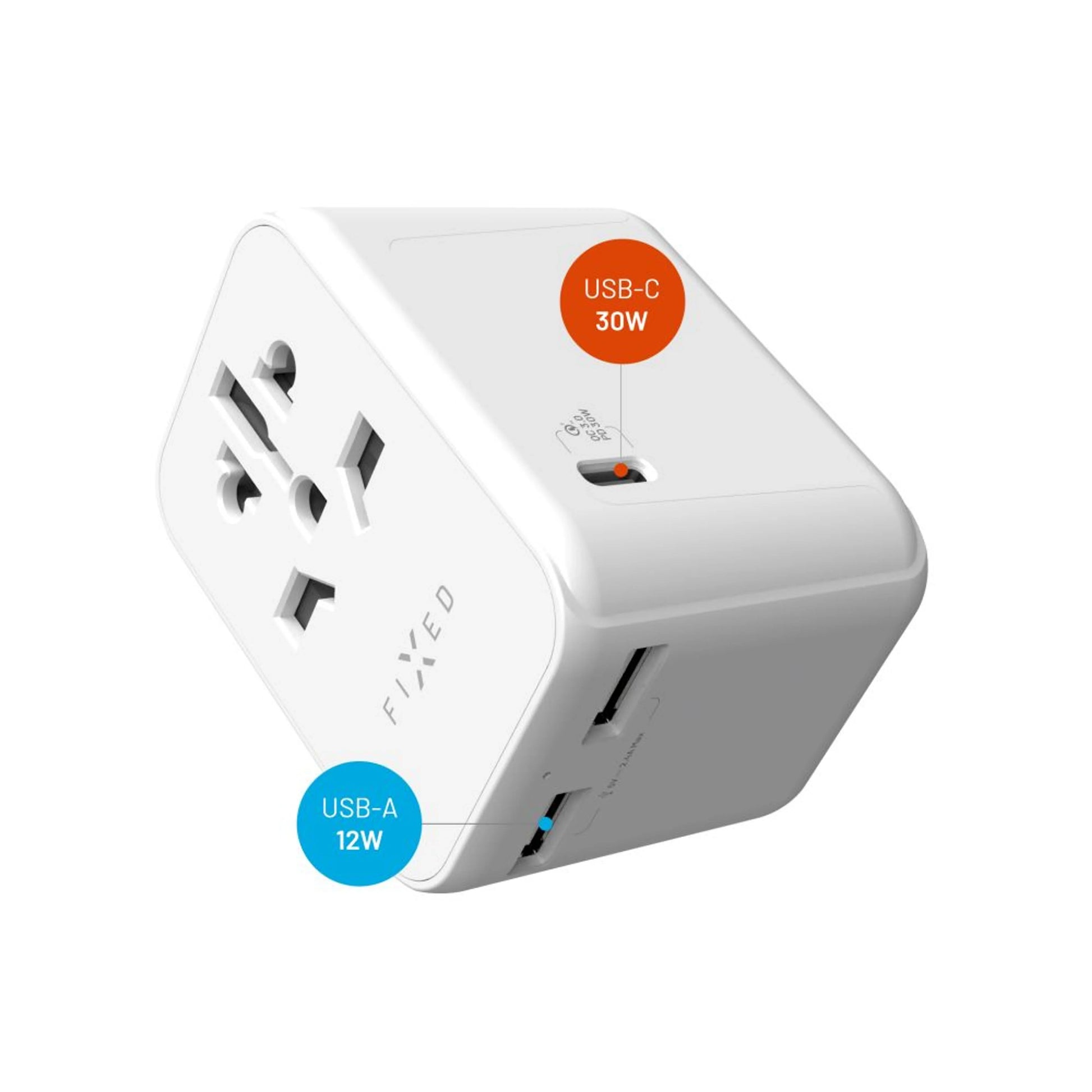 Cestovní adaptér FIXED Voyager 30 W pro EU, UK a USA/AUS, s 1xUSB-C a 2xUSB výstupem, GaN, PD 30W, bílý - FIXED