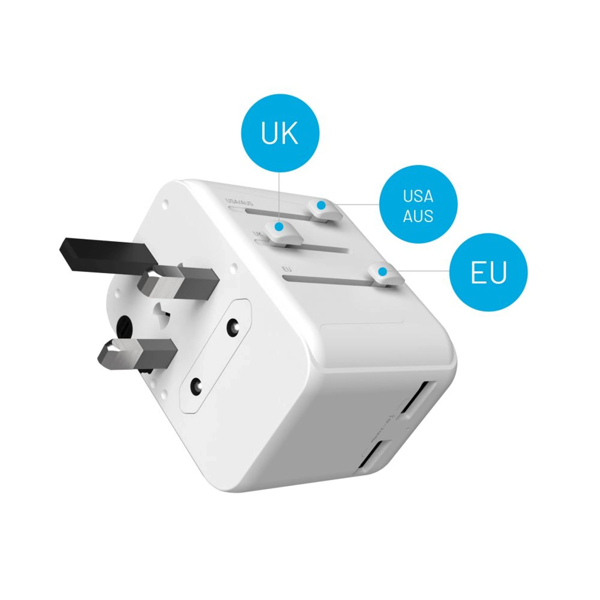 Cestovní adaptér FIXED Voyager 30 W pro EU, UK a USA/AUS, s 1xUSB-C a 2xUSB výstupem, GaN, PD 30W, bílý - FIXED